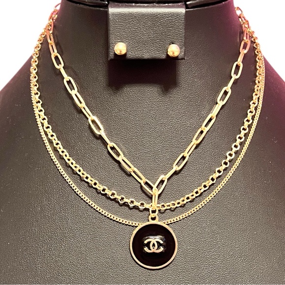 Upcycled Jewelry - Designer Inspired Gold Layered Black Logo Pendant Necklace And Earrings Set